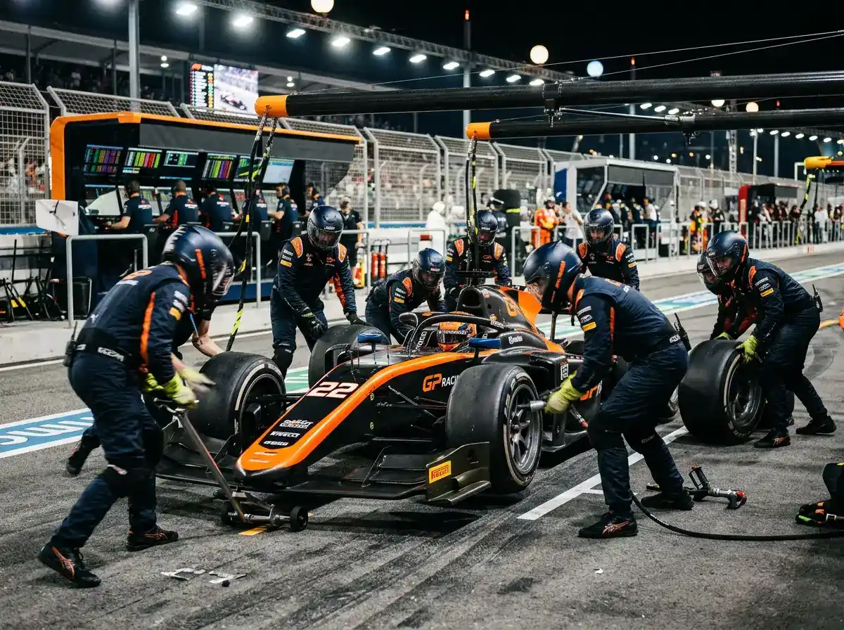 Equipa de mecânicos de Fórmula 1 a realizar pit stop com troca de pneus durante corrida