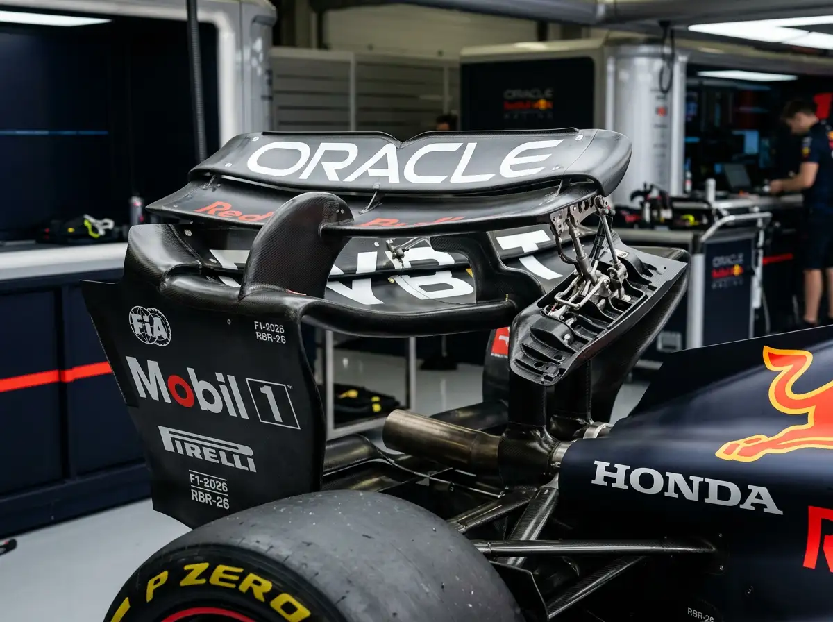 Monolugar de Formula 1 2026 com elementos aerodinamicos ativos visiveis na asa traseira