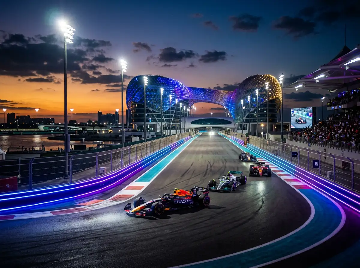 Circuito de Yas Marina em Abu Dhabi iluminado a noite com monolugares de Formula 1 em pista