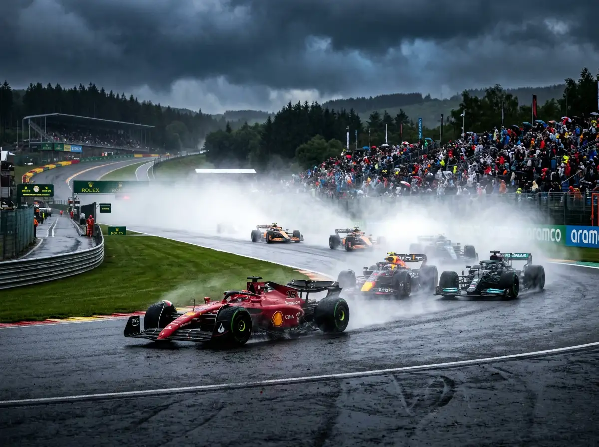 Monolugares de Formula 1 em pista molhada com spray de agua e nuvens escuras sobre o circuito