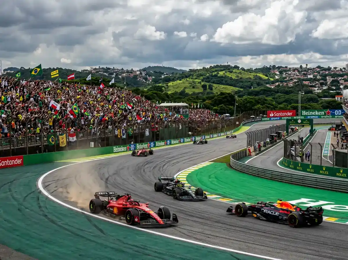 Circuito de Interlagos em Sao Paulo com curva Senna e bancadas repletas de espetadores
