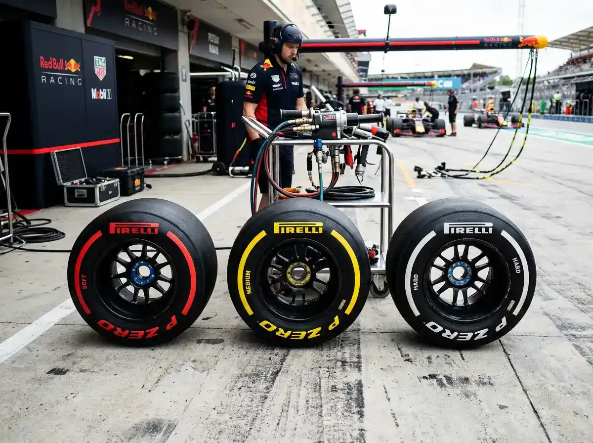 Conjunto de pneus de Formula 1 de diferentes compostos alinhados na pit lane com codigos de cor