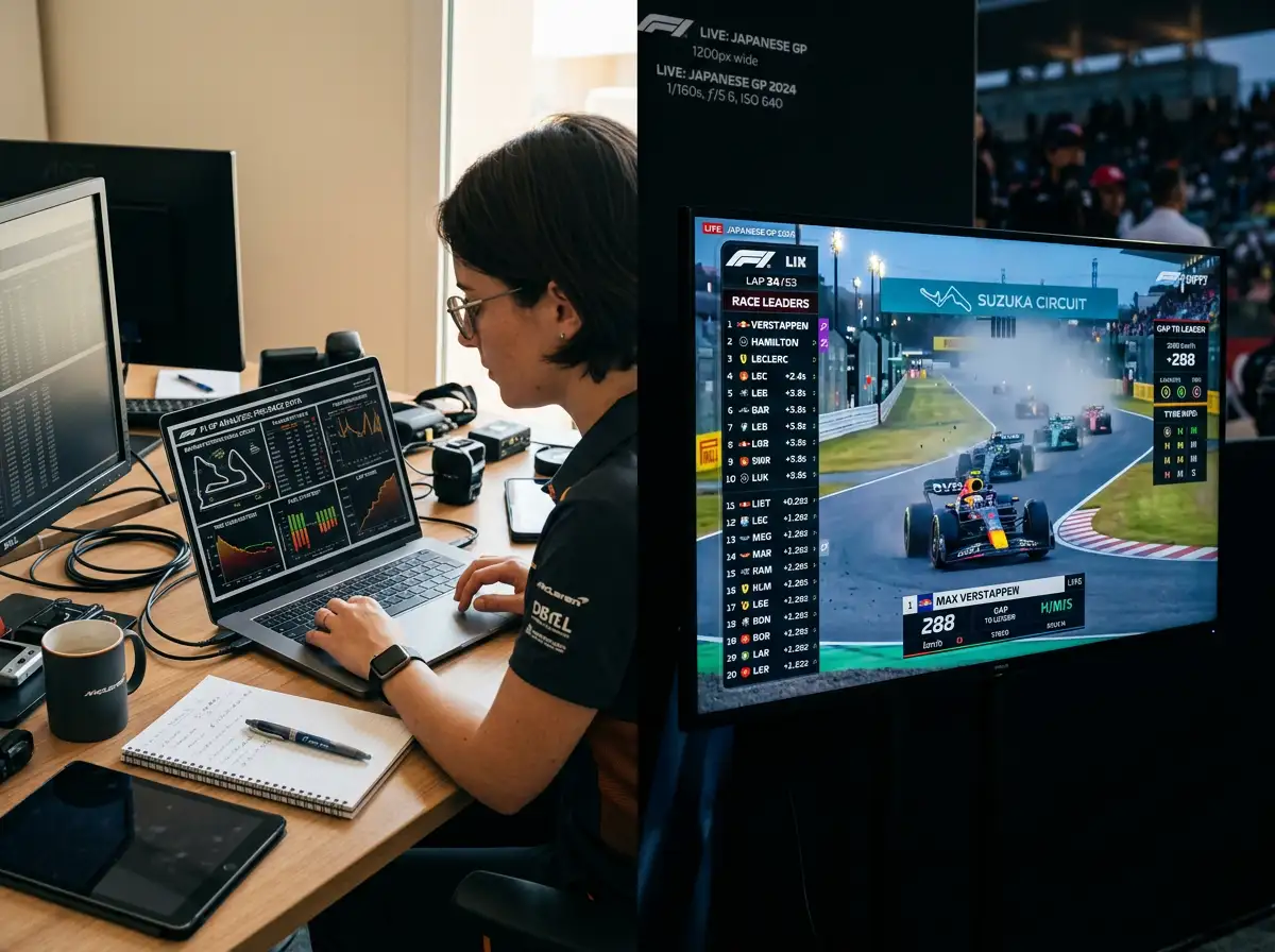 Ecra dividido entre analise pre-corrida com graficos e transmissao ao vivo de Formula 1