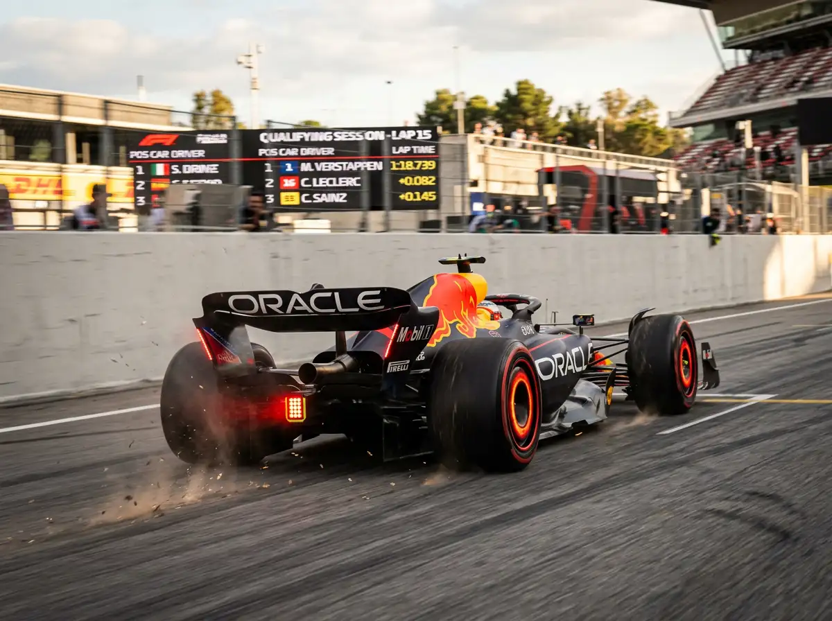 Sessao de qualifying de Formula 1 com monolugares em pista e paineis de cronometragem