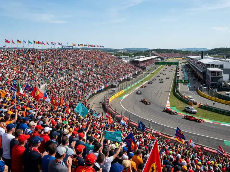 Bancadas lotadas num Grande Premio de Formula 1 com multidao de fas e bandeiras coloridas