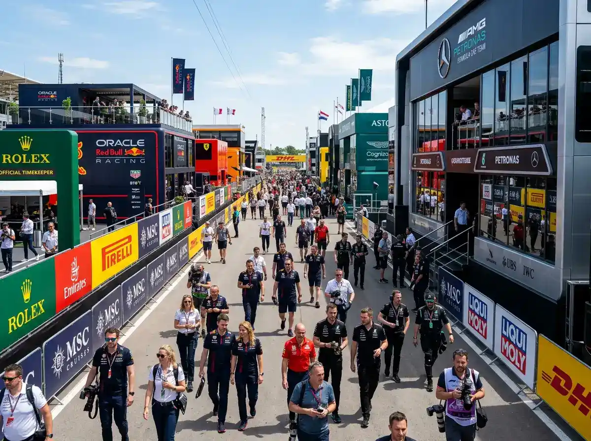 Paddock de Formula 1 com logotipos de parceria entre desporto e operadores de apostas