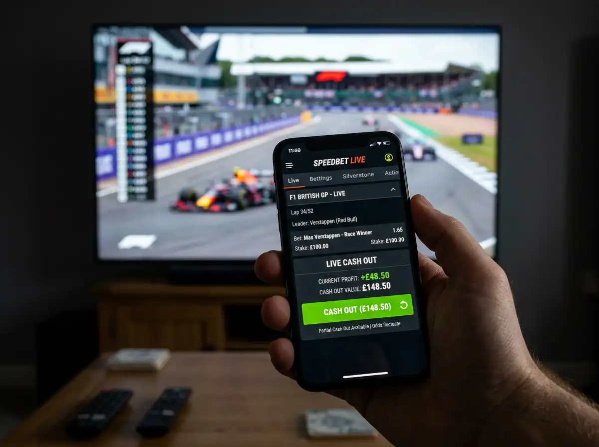 Ecra de plataforma de apostas com botao de cash out durante corrida de Formula 1 ao vivo