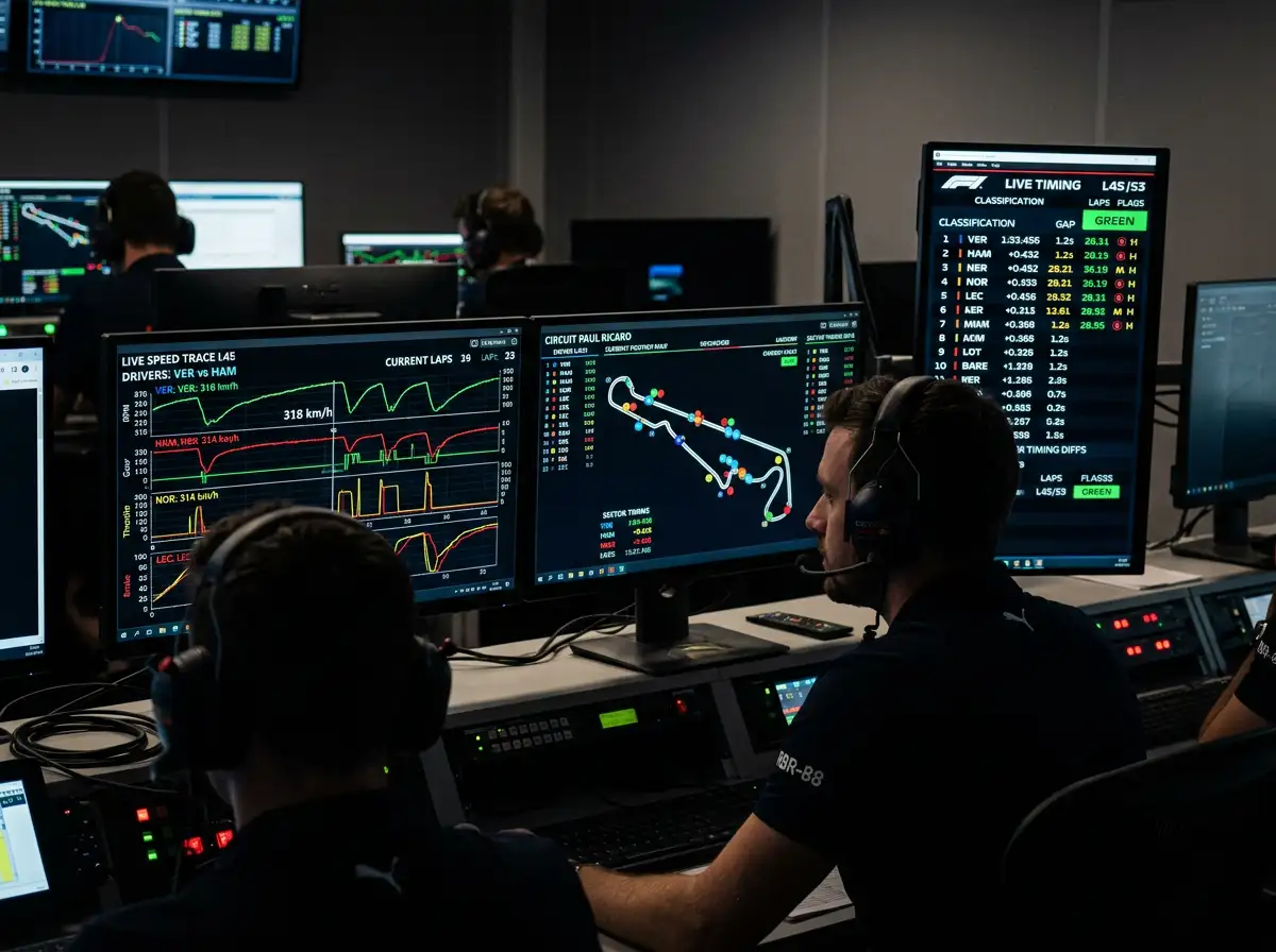 Ecras de telemetria de Formula 1 com graficos de dados em tempo real durante uma corrida