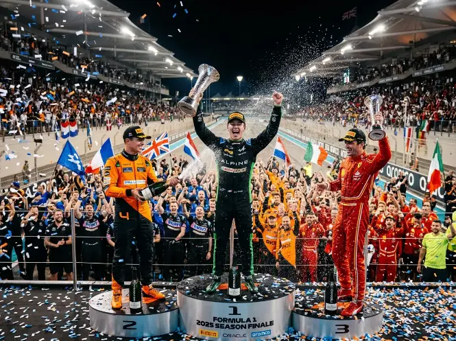 Podio de Formula 1 da temporada 2025 com trofeus e confettis num Grande Premio