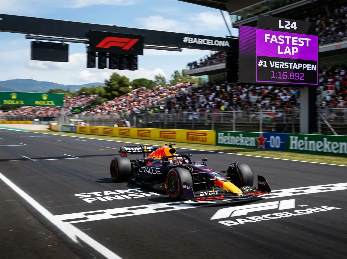 Sessao de qualifying de Formula 1 com monolugares em pista e paineis de cronometragem