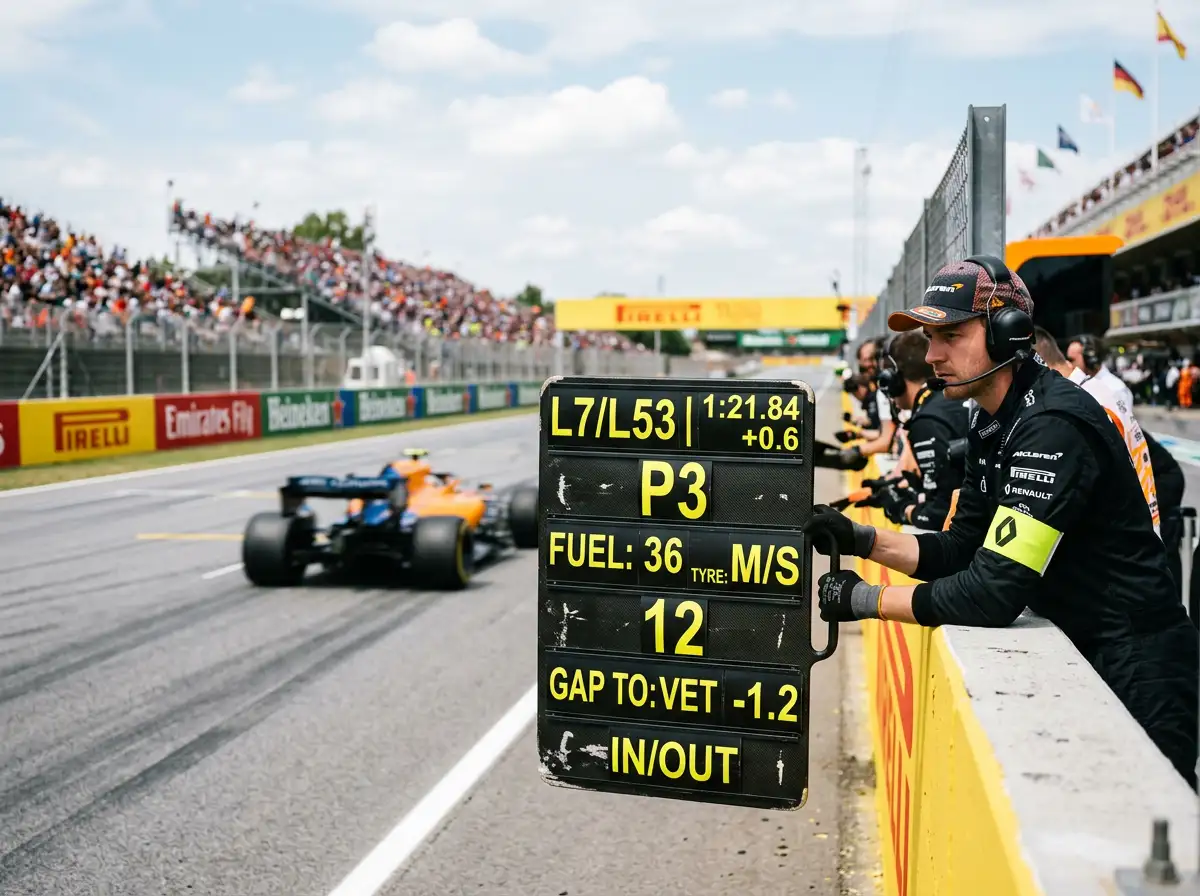 Pit board de Formula 1 com termos tecnicos e abreviacoes vistos a partir da pit wall