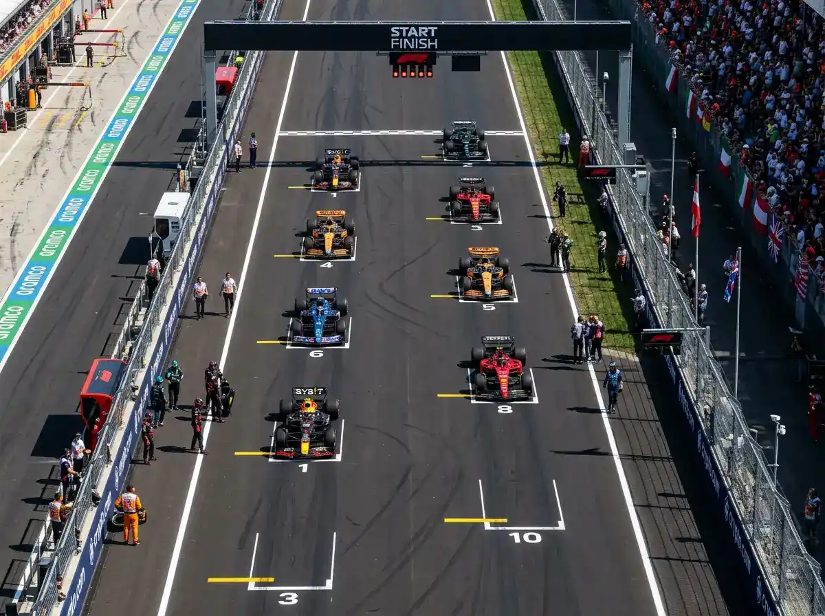 Grelha de partida de Formula 1 vista de cima com posicoes numeradas e separacao entre pilotos
