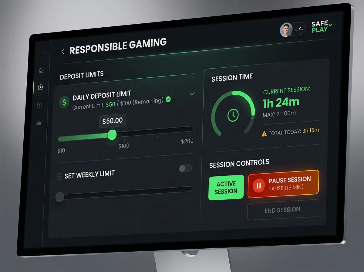Painel de controlo com opcoes de limites de deposito e ferramentas de jogo responsavel