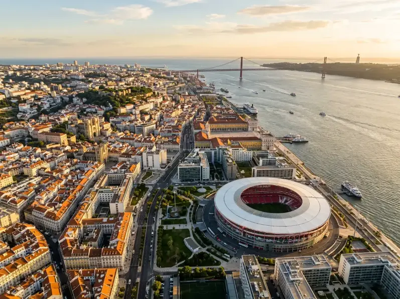 Vista aerea de Lisboa com estadio desportivo e elementos de mercado portugues de apostas
