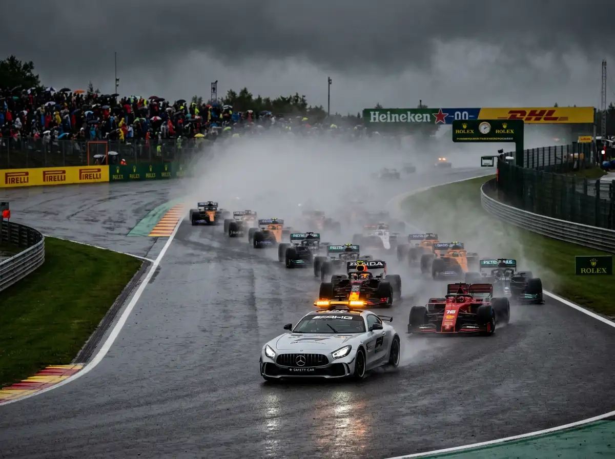 Safety car com luzes acesas a liderar o pelotao de Formula 1 em pista molhada