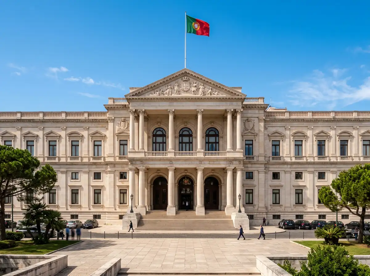 Edificio institucional portugues com simbolo de regulacao e bandeira de Portugal