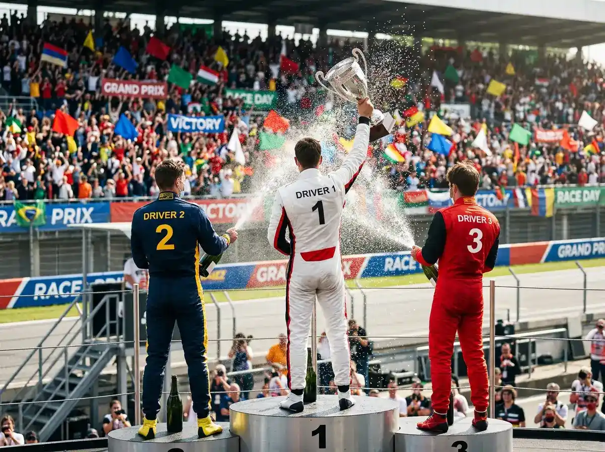 Três pilotos de Fórmula 1 no pódio com troféus e spray de champanhe após Grande Prémio